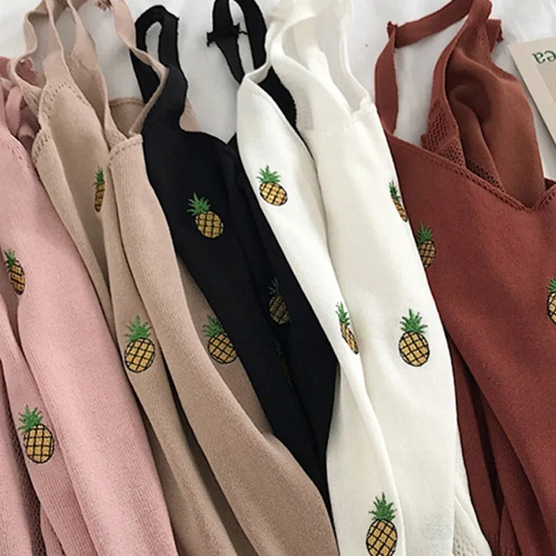 

Pineapple Embroidery Knitting Camisole Vest Women V-neck Sexy White Black Khaki Tank Tops Female Fashion Wear Tops