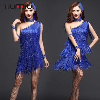 

2018 Competition Ballroom Dance Dresses Samba Cha Cha Dance Costume for Women Fringe Sexy Salsa Dresses Off Shoulder Latin Dress