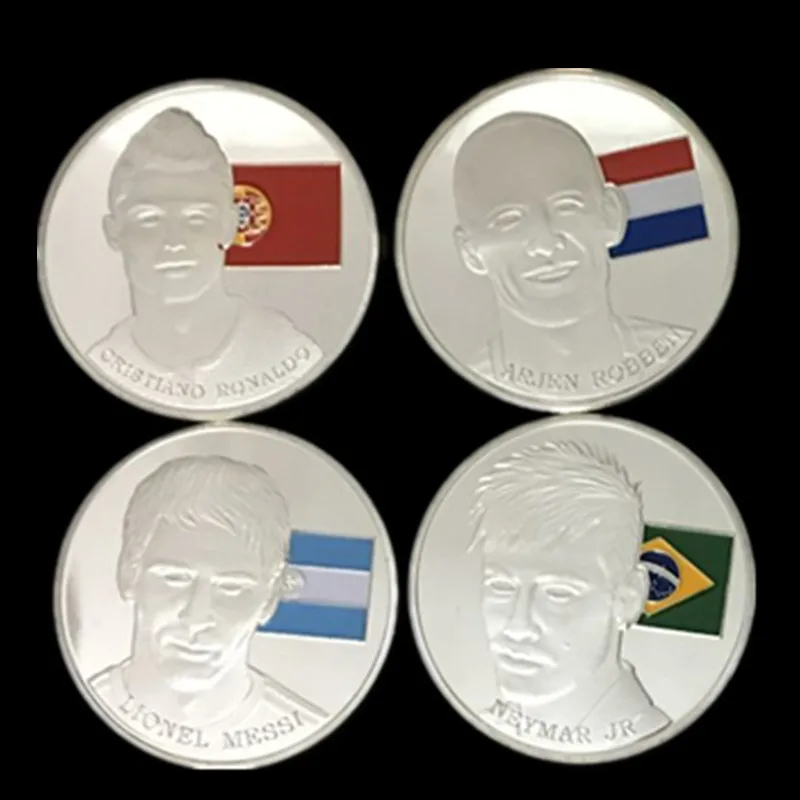 

4 pcsThe world cup Football star Messi Ronaldo Robben Neymar silver plated colored soccer sport player souvenir decoration coin