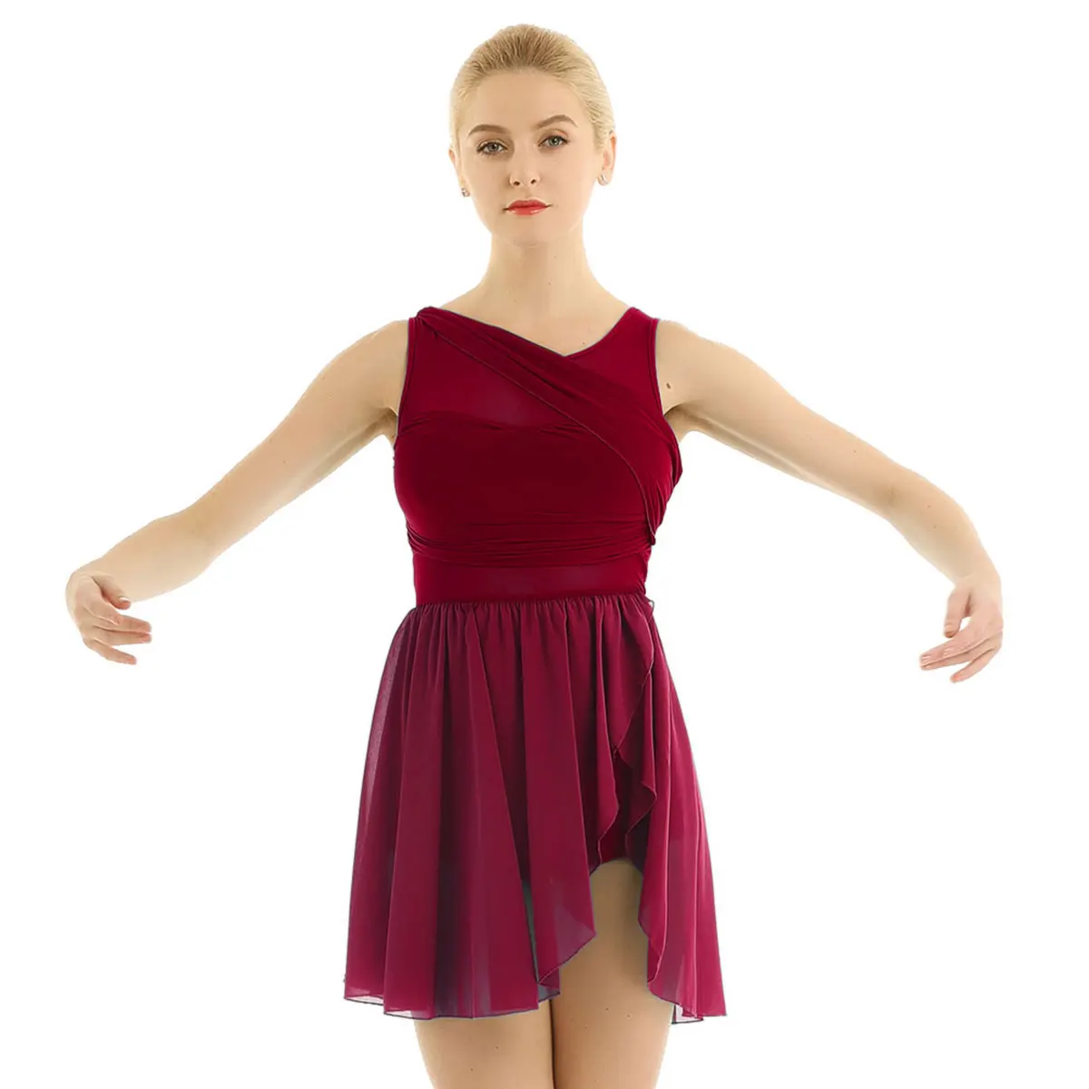 Балетное женское платье без рукавов с асимметричным вырезом, шифоновое эластичное балетное платье-пачка, взрослый гимнастический купальник для балерин, Танцевальная вечеринка - Цвет: Wine Red