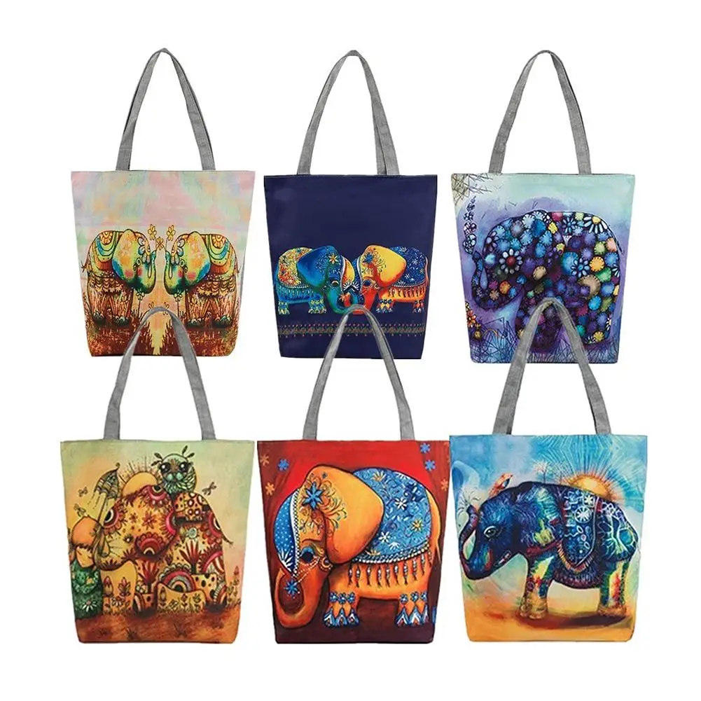 

Ethnic Elephant Canvas Handbag Shopping Bag Casual Women Single Shoulder Tote Bag Large Capacity Women Bag Top Quality Fashion