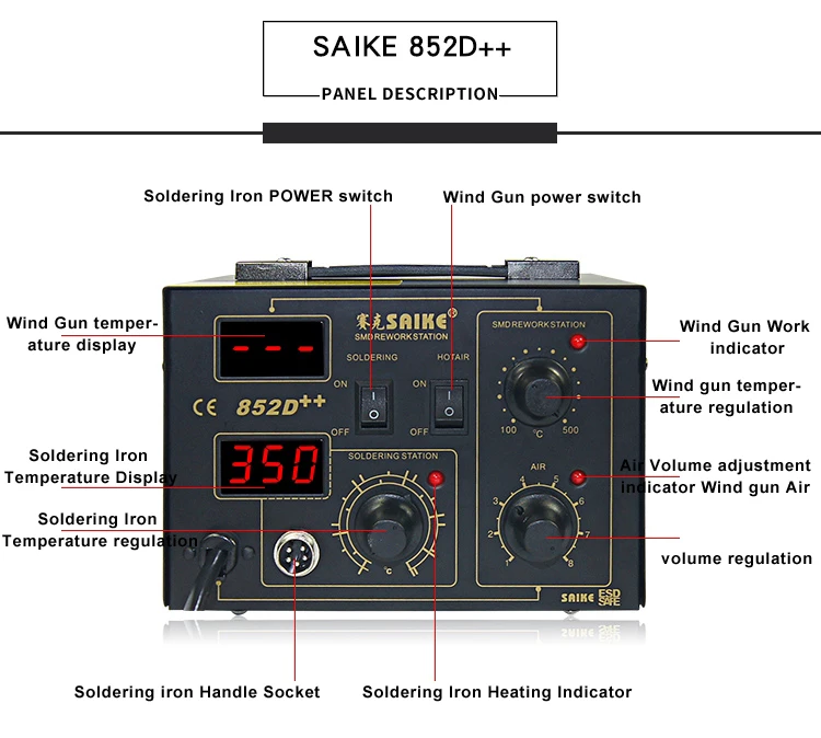 SAIKE 852D++ 220 в 110 В стандартная паяльная станция паяльник 2 в 1 Утюг горячий воздух паяльная Тепловая пушка