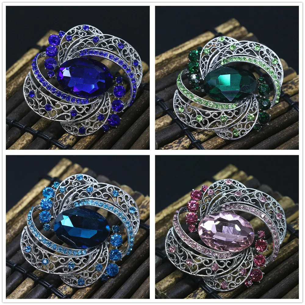 

Trendy vintage oval crystal rhinestone pins silver-color elegant women newly brooch clothes accessories jewelry B1437