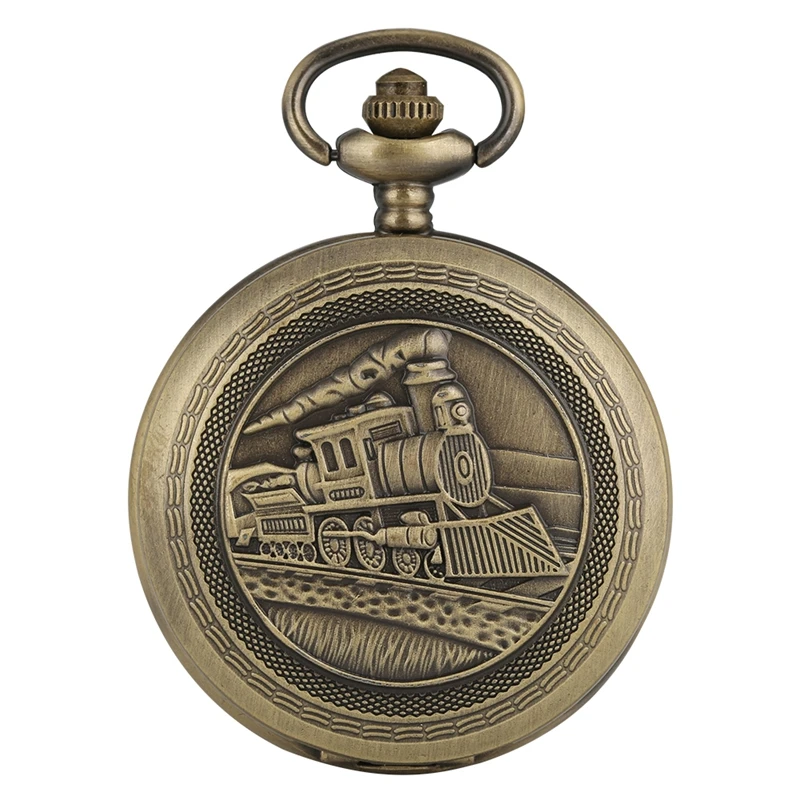 Antique Retro Locomotive Train Pattern Quartz Pocket Watch Bronze Steampunk Necklace Pendant Chain Art Collectible Unisex Gifts