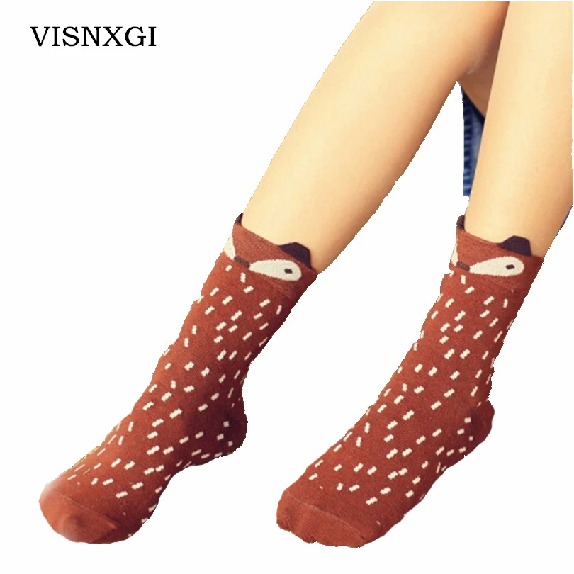 

2019 New Brand Spring Autumn Ladie's Socks Casual Meias Fox Pattern Hosiery Women Designer Girls Cotton Cartoon Sock Kawaii W035