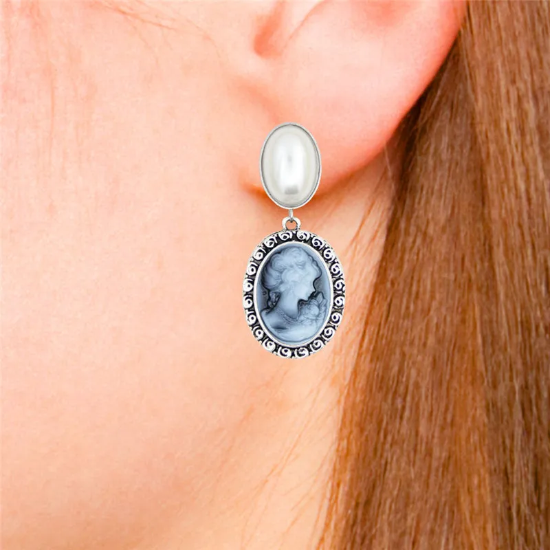 Oval Pearl Earrings Stud For Women Lady Queen Cameo Stud Vintage Look Antique Silver Plated Fashion Jewelry TE492