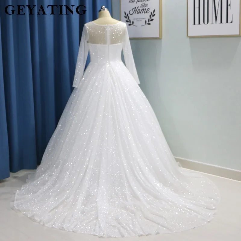 Glitter White Bling Bling Ball Gown Wedding Dress Long Sleeves