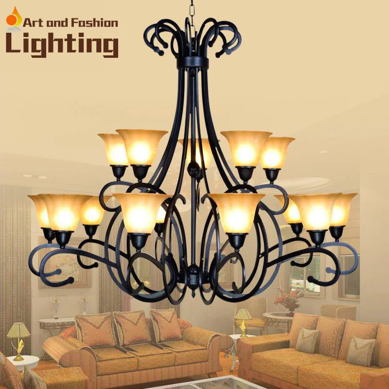 American country Up 15 lights wrought iron chandelier 2 layers large chandelier for villa hotel lobby