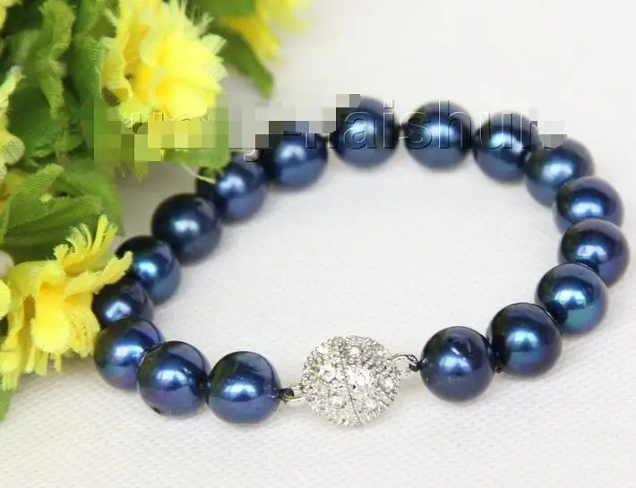 

Shipping >>>>> 8" 12mm round navy blue blue freshwater pearls bracelet magnet clasp j10017
