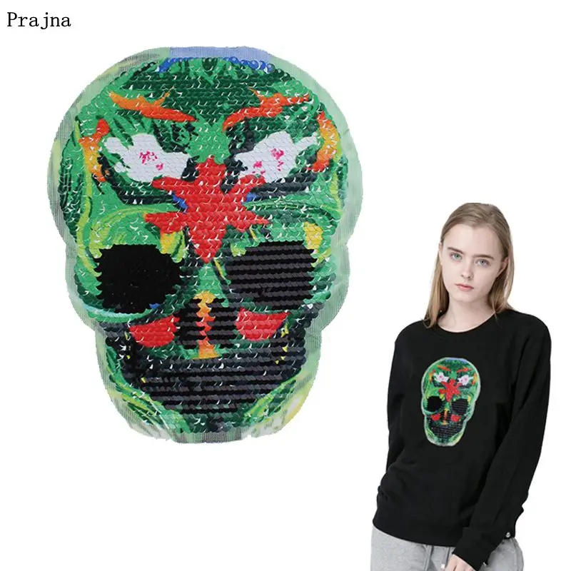 

Prajna Motorcycle Plant Skull Sequined Patch Sew On Patches Repair Clothing DIY Stickers Dress Appliques Stripe On T-shirts Bags