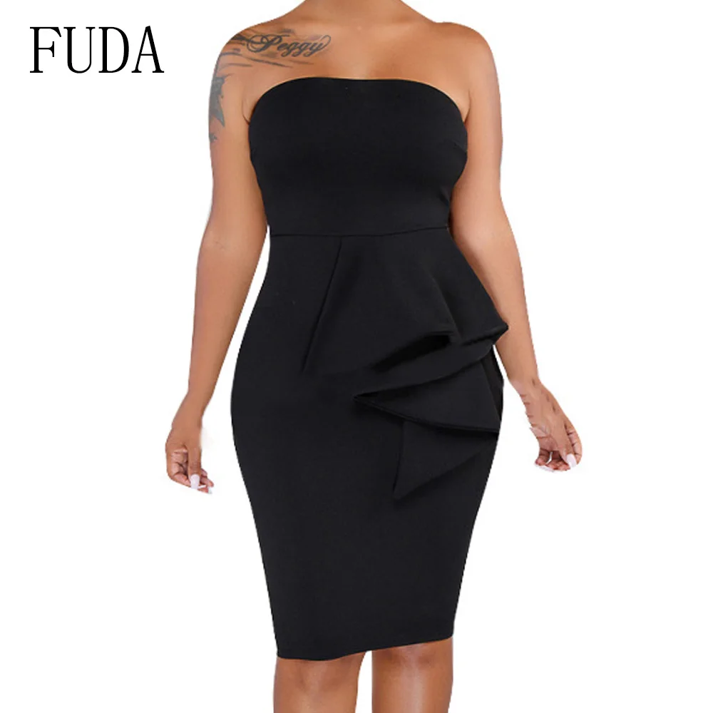 FUDA Elegant Off Shoulder Sleeveless Slim Dress Summer Street Style Package Hip Dress Strapless Ruffles Night Party Dresses