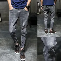 2019 летние новые серые обтягивающие рваные джинсы мужские девять штанов Корейская версия прилива личности ноги 9 штанов