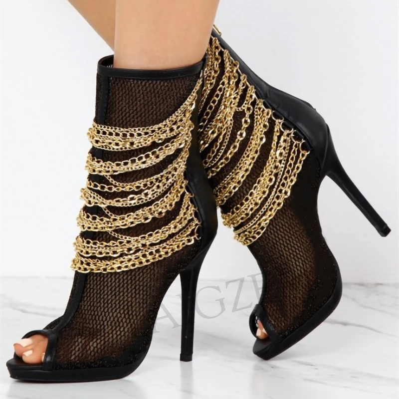 

LAIGZEM Women SEXY Summer Booties Back Zip Chains Stiletto Heels Mesh Boots Party Shoes Woman Botines Mujer Small Big Size 34-47