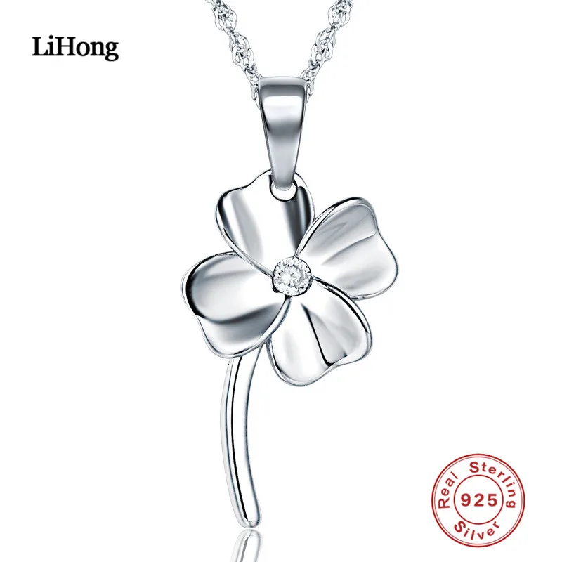 100 Sterling Silver Necklace Lucky Clover Pendant AAA Zircon Crystal