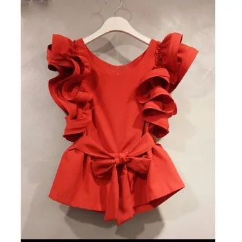 

Women Solid Color Ruffled High Waist Solid Shirt 2019 Summer Belt Sleeveless Slim Blouse