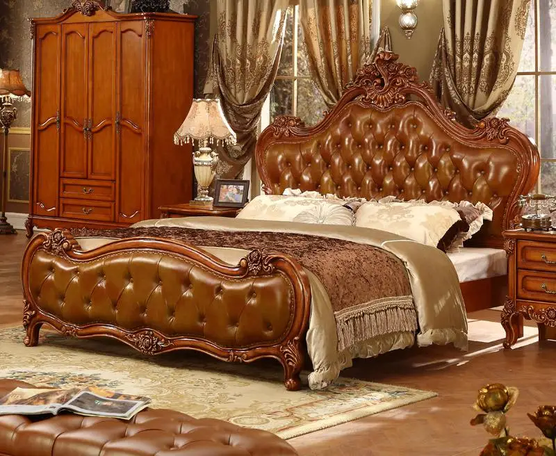 King Set Royal Bedroom Luxury Leather Headboard French Bed Furniture