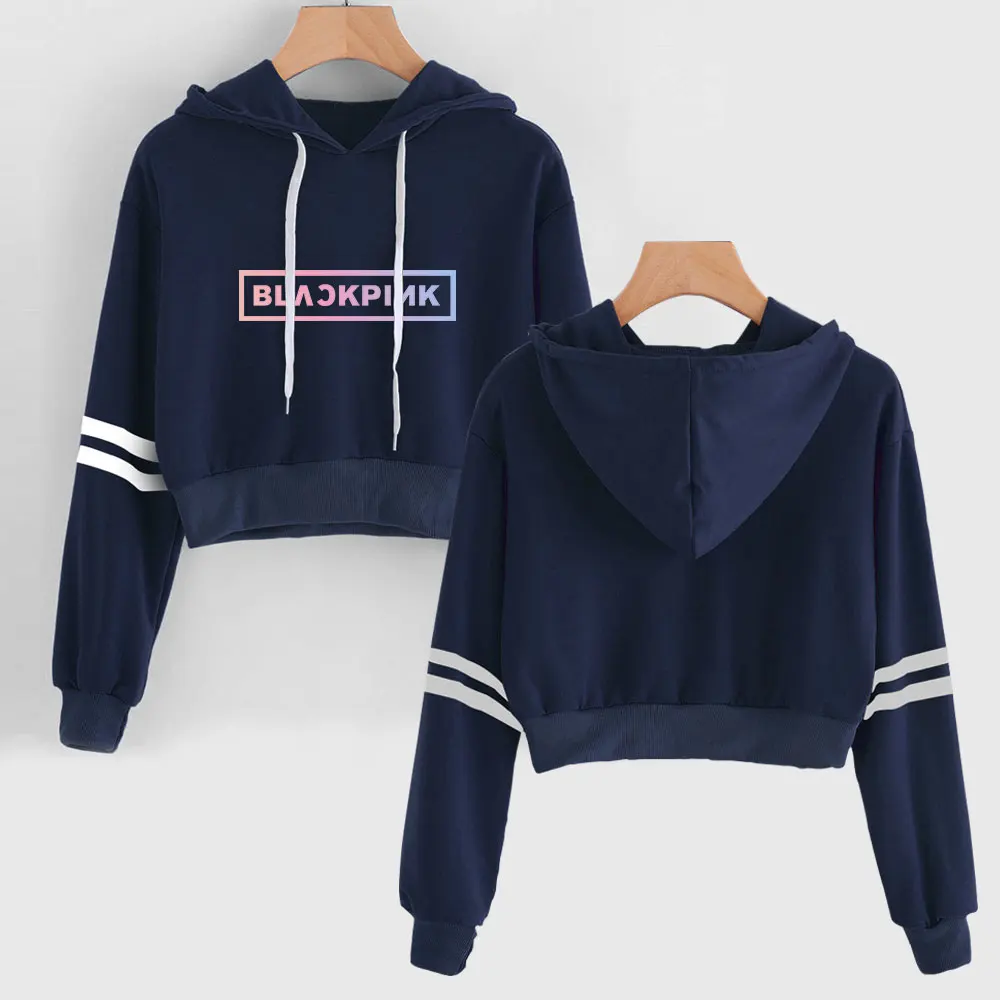 Новинка 2019 года Blackpink kpop crop top свитер с капюшоном для женщин корейский сексуальные Harajuku печати уличная женская повседневная одежда