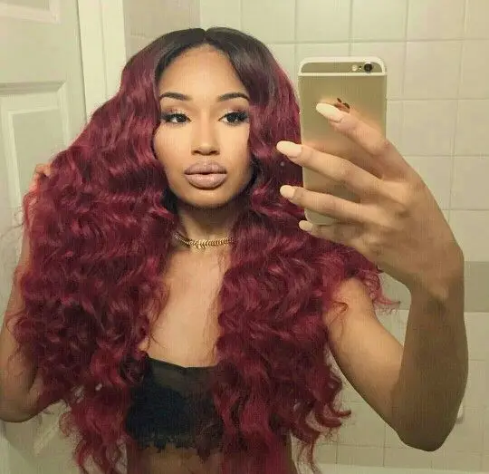 

Free Shipping Heat Resistant Kanekalon hair Two Tone Ombre Natural Black/Red Wine 99j Bodywave Synthetic Lace Front Women Wigs