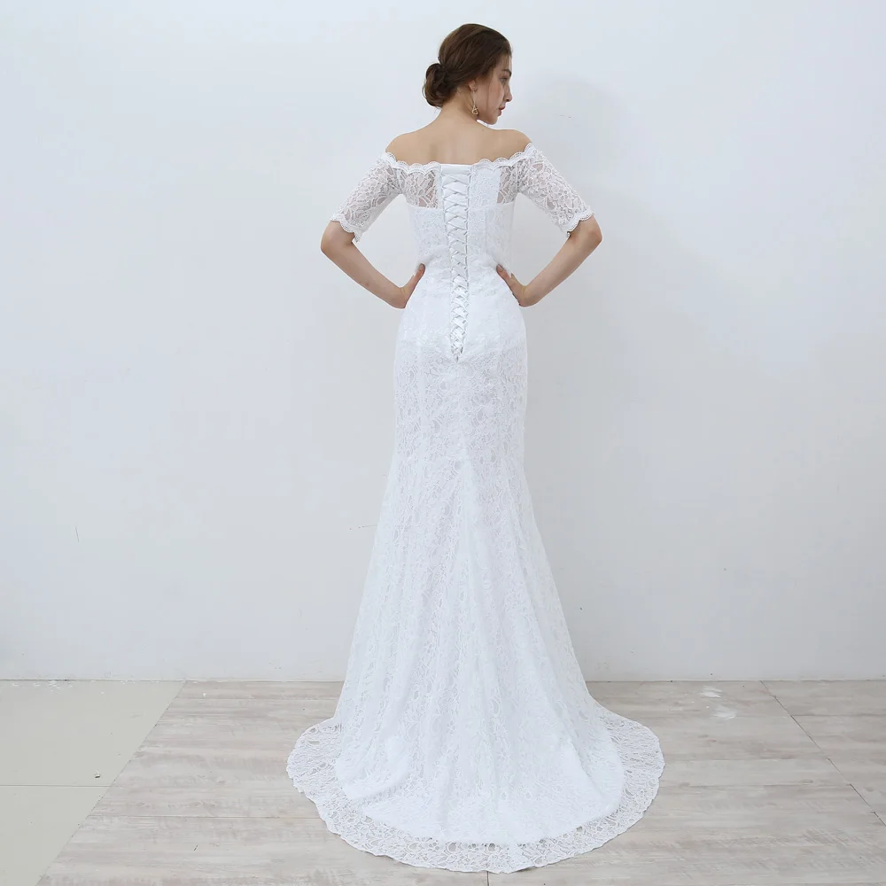 White Vintage Off The Shoulder Half Sleeves Lace Mermaid Wedding Dress