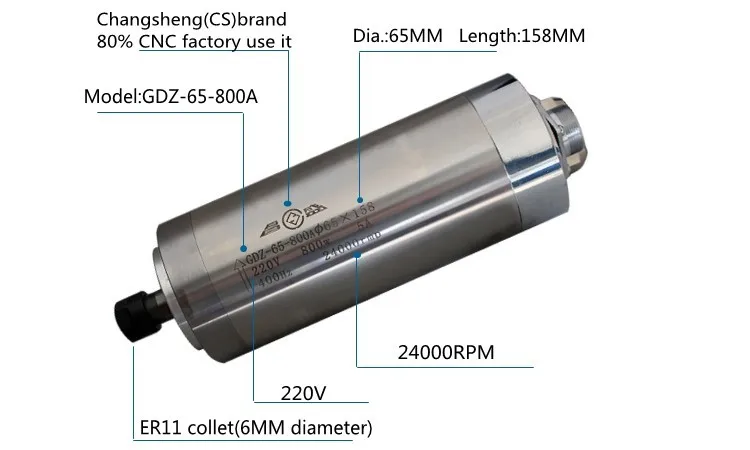 TECNR 800 Вт Электрический шпиндель с водяным охлаждением 110 В 220 В ER11 с 65 мм Диаметр 158 мм длина для ЧПУ