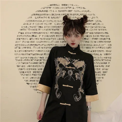 Neploe, летние женские топы, блузка хараджуку, Ретро стиль, вышивка дракона, короткий рукав, блузки, черная рубашка, женская уличная одежда 38913 - Цвет: photo color blouse
