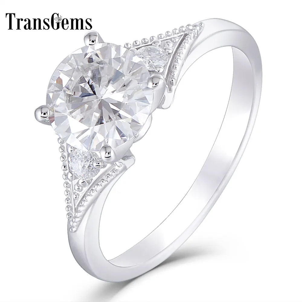 

Transgems 14k 585 White Gold Center 1.5ct 7.5mm FG Color Moissanite Two Piece 2.5mm Side Moissanite Engagement Ring for Women