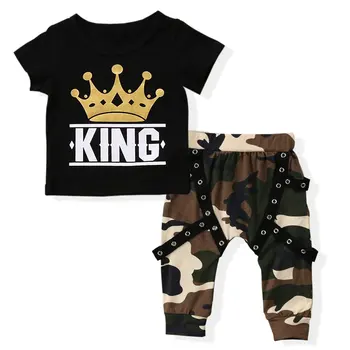 

Oklady 2019 Summer Trendy Newborn Camo Clothes Set Toddler Kid Crown Print KING Baby Boy Tshirt Top Camouflage Harem Pants Set