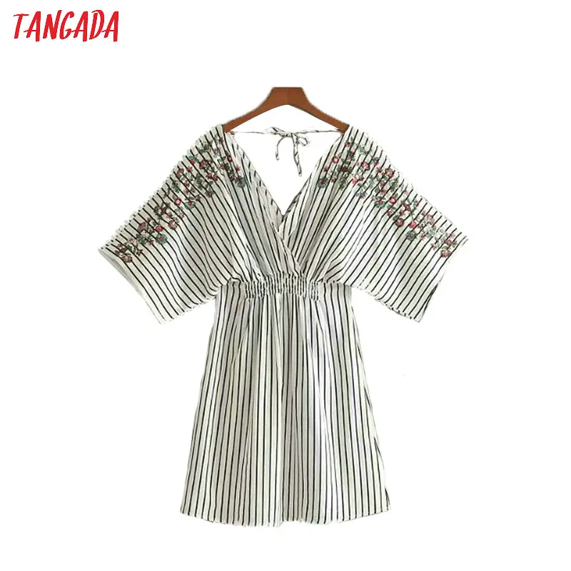 

Tangada Fashion Women embroidery striped Mini Dress tunic half Sleeve v-neck backless beach dresses Vintage Brand Vestidos CC104
