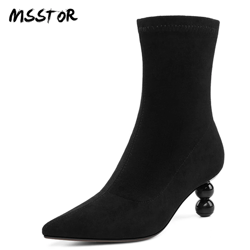 

MSSTOR Strange Style Ladies Ankle Boots Black Fashion Concise Flock Elegant Autumn Boots Heels Sewing Pointed Toe Women Pumps