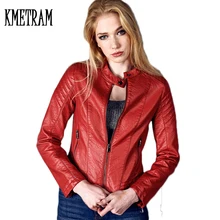 Модная женская элегантная байкерская куртка из искусственной кожи на молнии, красное приталенное Женское пальто, повседневное Брендовое мотоциклетное кожаное пальто YJZ008