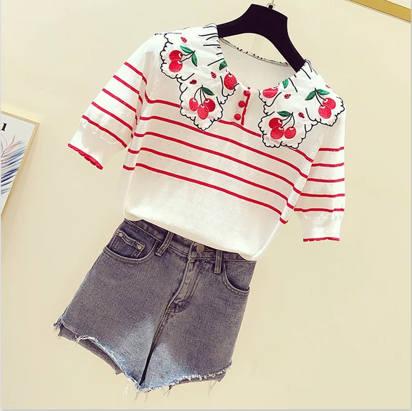 Summer Knitted Tshirts Women Fashion Embroidery Cherry Sailor Collar Short Tops Women Striped Loose Knitted Tops