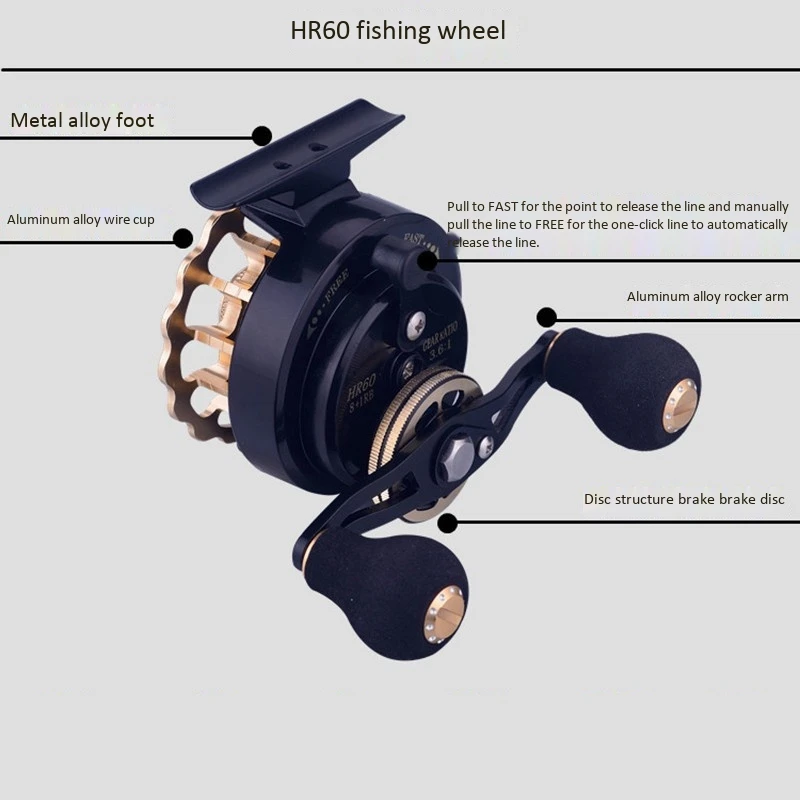Рыболовное колесо, свинцовое колесо, металлическая катушка, рыболовное колесо, 60 металлических стаканов, плотное колесо, микро-светодиодное колесо, коэффициент скорости: 3,6: 1, рыболовная катушка