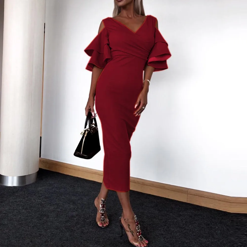 

Winter dress Deep V Women sexy dress Sheath Dress Cold Shoulder dress Butterfly Sleeve Long Dresses clothes vestidos verano 2019