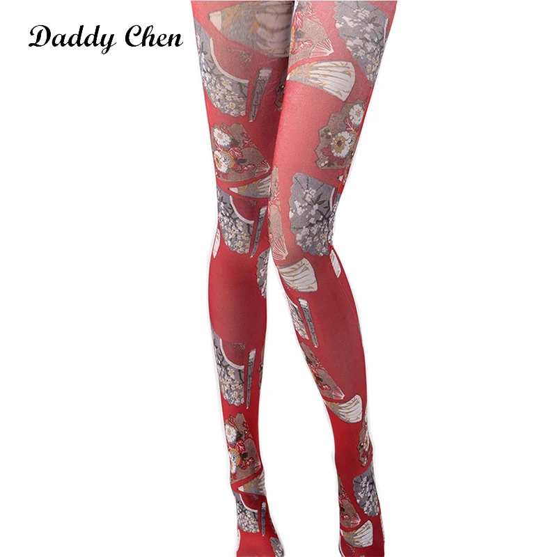 

Daddy Chen Red Panty Hose Stockings Women Floral Print Tights Patterned High Elastic Spring Patchwork Polyester Legings Collant