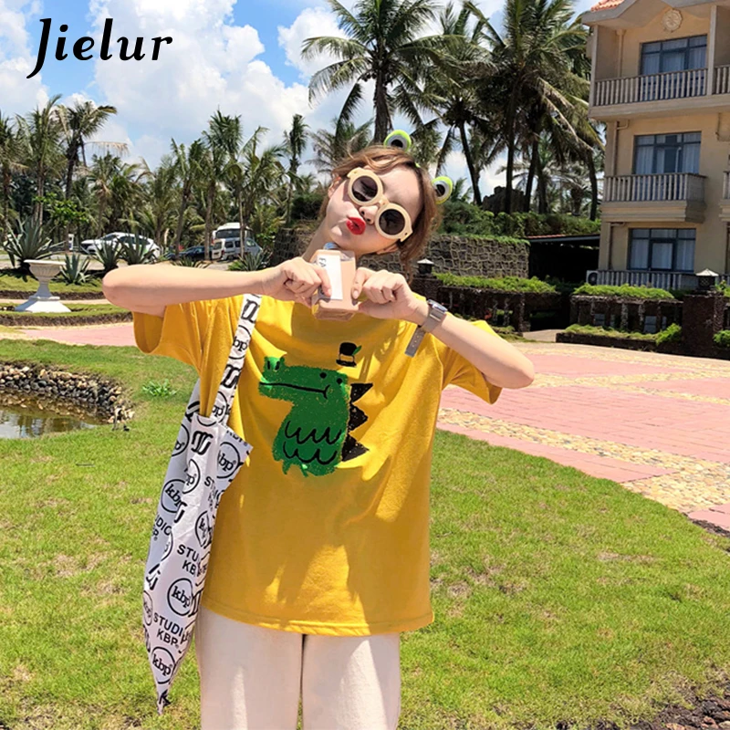 Jielur милый мультфильм Динозавр печатные футболки для женщин 2019 белая футболка