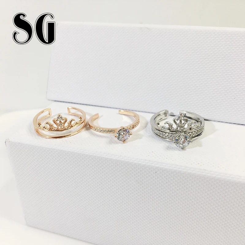 

SG 925 Sterling Silver Luxury My Princess Queen Crown Engagement open size Ring with Clear CZ for Wedding Jewelry free Shipping