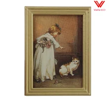 OMoToys Смола Рамка девочка и Кот Настенная роспись кукольный домик Миниатюрный 1:12