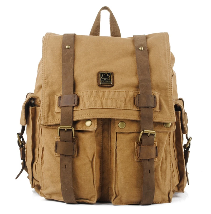 

Fashion Crazy horse Leather + Military Canvas Backpack Men Backpack Leather male Rucksack Women Backpack Canvas Bagpack knapsack