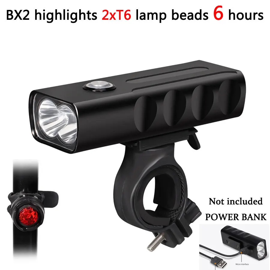 Передний велосипедный головной светильник светодиодный велосипедный светильник USB Перезаряжаемый Аккумулятор велосипедный светильник+ крепление на руль+ USB линия+ внешний аккумулятор farol Bike - Цвет: BX2-2XT6-L-6H