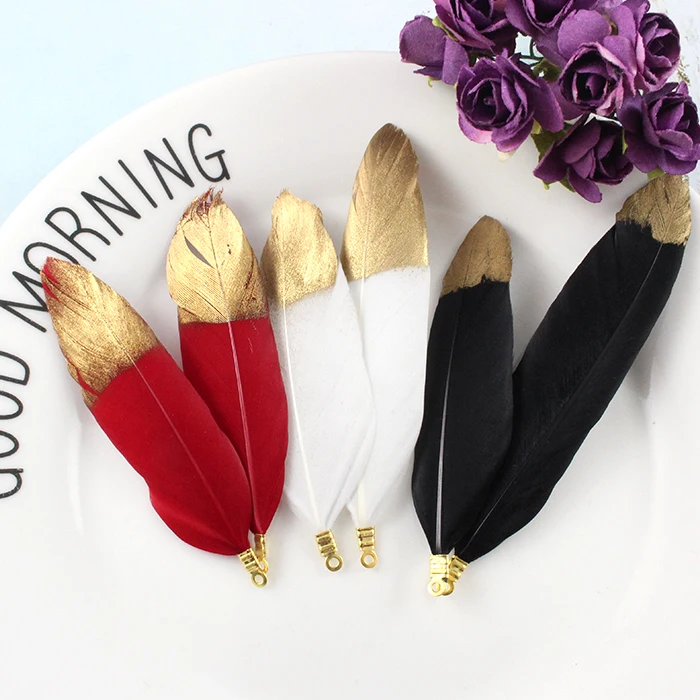 

10PCS Hand Painted Gold Tipped Goose Feathers Natural Bohemian Plume Pendant DIY Earring Hair making Wedding Feather Decoration