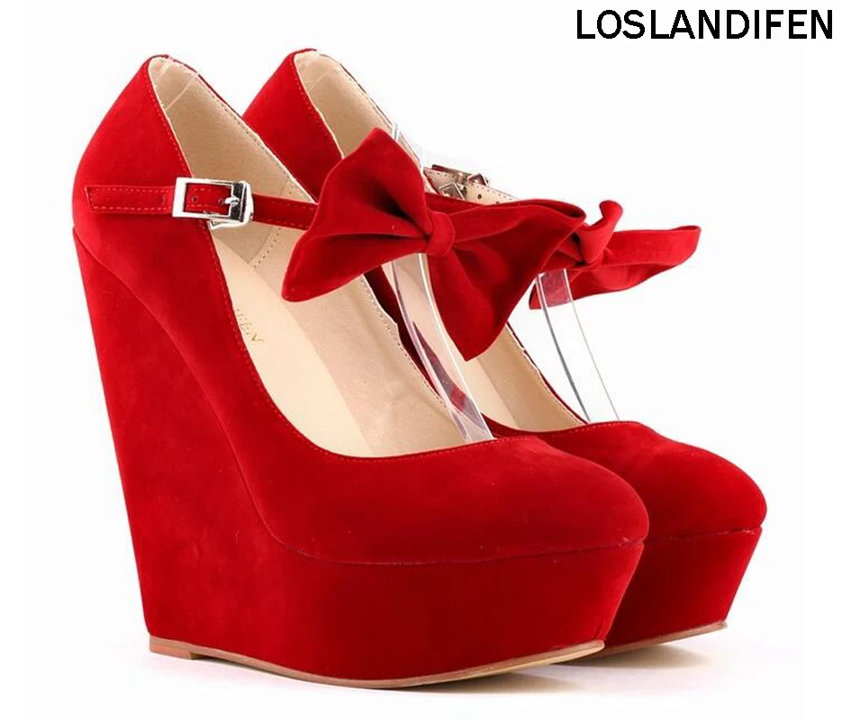 

Loslandifen Handcrafted Women Ladies Wadge High Heel Pumps Mary Janes Style Butteryfly Deco Party Wedding Prom Shoes 391-3