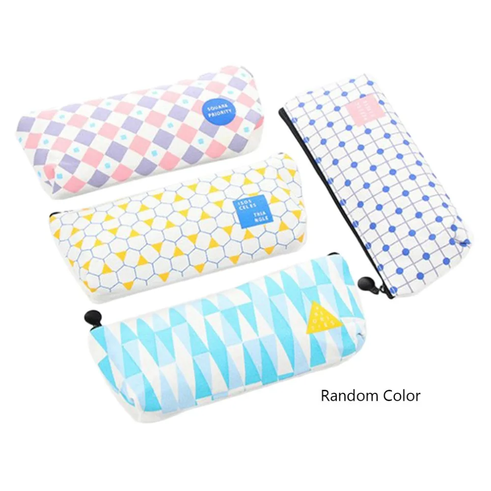 

D34 1X Simple Geometry Grids Polka Dots Pen Pencil Bag Case Holder Canvas Storage School Office Supply Student Gift Big Storage