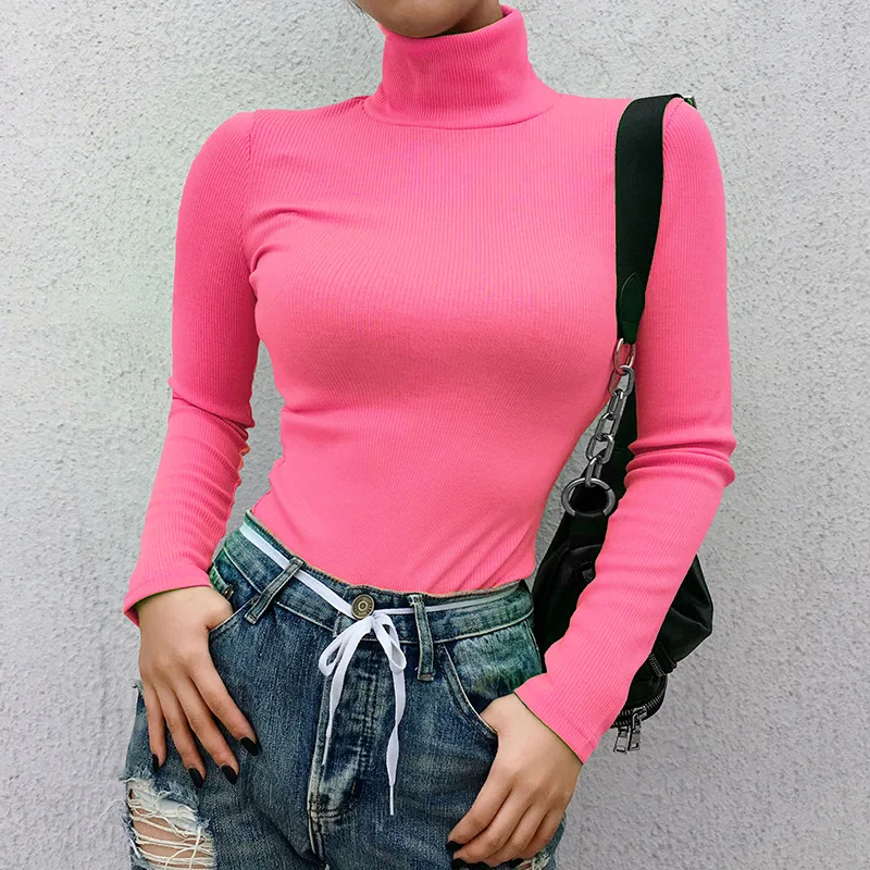 

2019 Ribbed Turtleneck TShirt Women Fluorescence Green Long Sleeve T-shirt Knitted Tops Mujer Streetwear Turtleneck BasicT-shirt