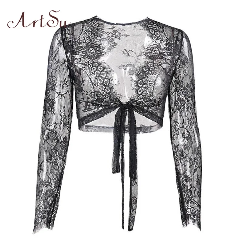 

ArtSu 2019 Lace Blouse Shirt Cardigan Long Sleeve Black Women Summer Tops Casual Ladies Sheer Top Blusas Mujer ASBL20448