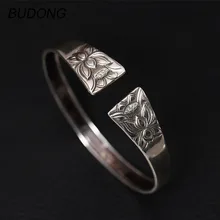 BUDONG Fine 925 Sterling Silver Pendant for Women Fine Jewelry 2017 Luxury Floral Lotus Flower Open Wrist Cuff Bangles Jewel