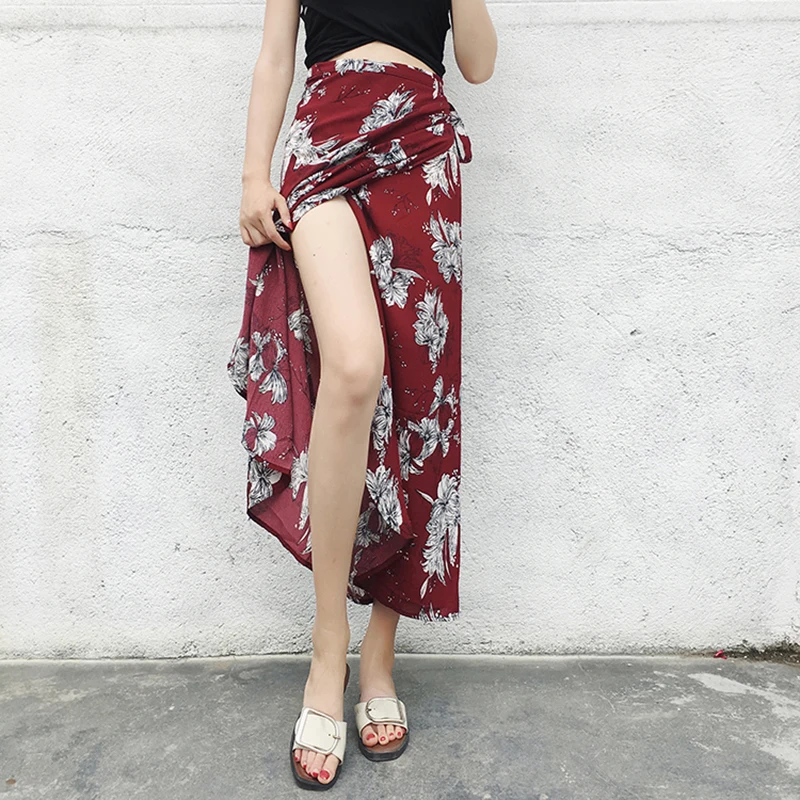 

Bohemian Skirt Irregular Split Bag Hip Skirt Variety Wear Floral Print Chiffon Holiday Mid Skirt