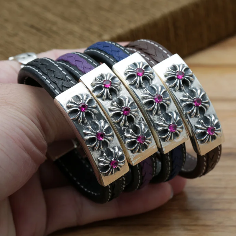 

Starfield S925 Sterling Silver Jewelry Silver Punk With Red Cross Male Female Models Belt Bracelet&Bracelet Homme