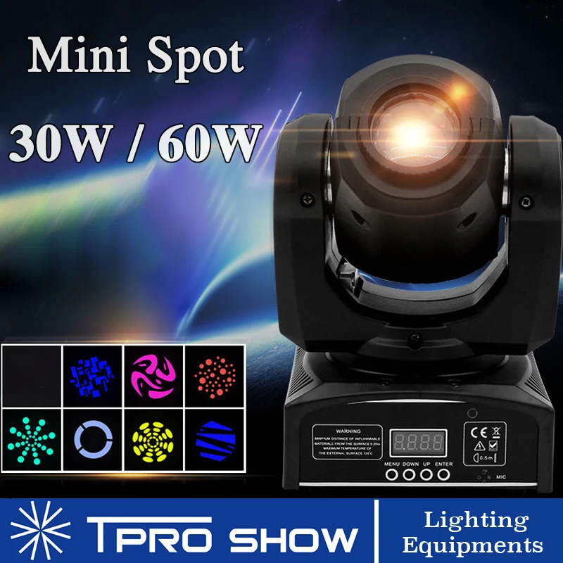 

2Pcs 60W Moving Head Dmx Mini 30W LED Spot Movinghead Gobo Effect 7 Colors Stage Light for Wedding Club Party DJ Music Auto Run