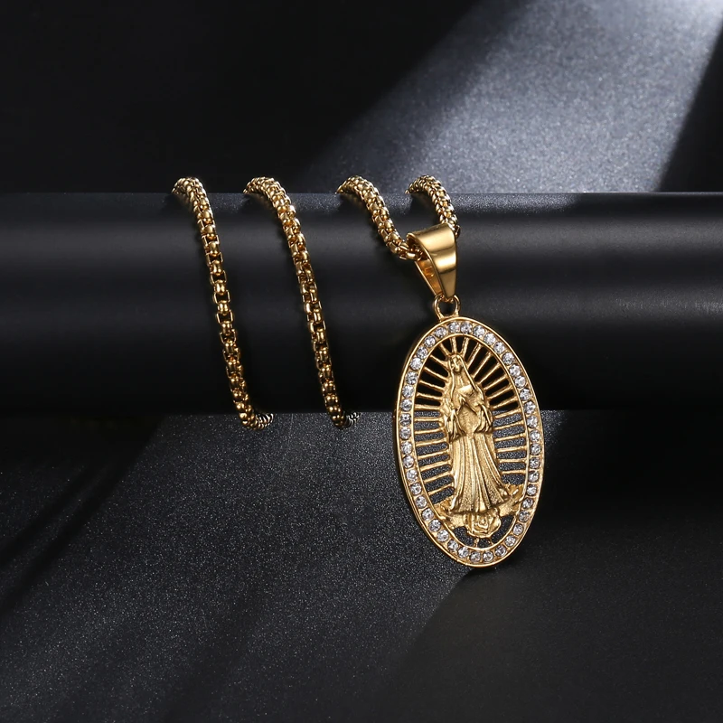 D& Z католическое блестящее Кристальное женское ожерелье Девы Марии, овальное ожерелье из нержавеющей стали золотого цвета
