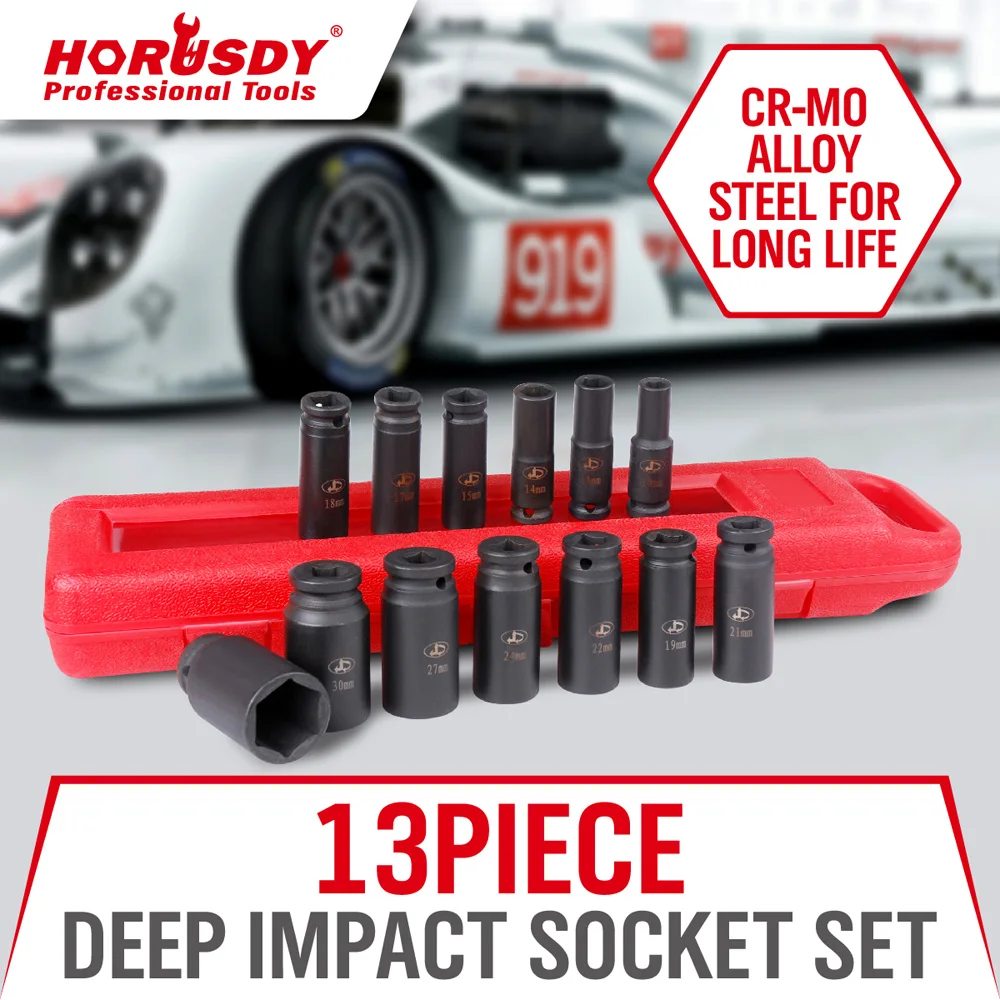 

HORUSDY 1/2" Dr. Metric Swivel Deep Impact Socket SetDrive Socket set professional hand tools set (Pack of 13)